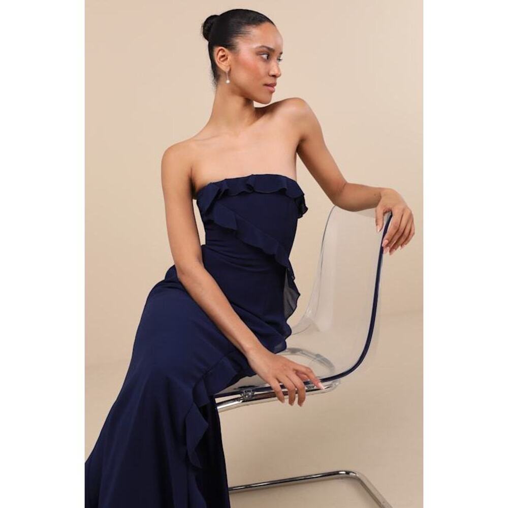 Lulus Excellent Sensation Navy Strapless Ruffled Maxi Dress Blue - Size S